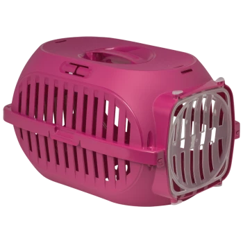 Transporteur pour animaux de compagnie rose avec un design ventilé, doté d'une poignée sur le dessus et d'un verrou sécurisé pour un transport facile.