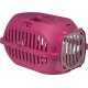 Rosa Haustierträger mit einem belüfteten Design, mit einem Griff oben und einem sicheren Verschluss für einfachen Transport.