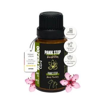 Flasche 'Panik Stop' Bachblütenmittel für Hunde und Katzen, mit floralem Design, Produktetikett und Symbolen, die auf die fachliche Entwicklung hinweisen.