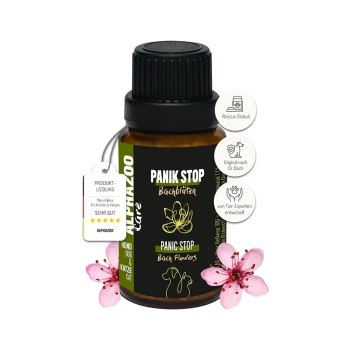 Flasche 'Panik Stop' Bachblütenmittel für Hunde und Katzen, mit floralem Design, Produktetikett und Symbolen, die auf die fachliche Entwicklung hinweisen.