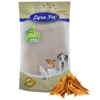 Hühnerbrustfilet 1 kg Eine Tüte Lyra Pet Hundeleckerlis mit einer Grafik von drei Hunden und den Etiketten "Lyra Nature Power" und "100% natürlich." Getrocknete Leckerlis vorne.