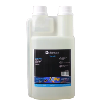 Silbermann Trace B Aquariumzusatz in einer 500-ml-Flasche, mit Gebrauchsanweisungen und Sicherheitswarnungen auf einem schwarzen Etikett.