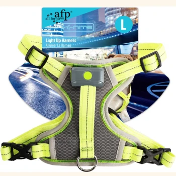 Neongelbes LED-Hundegeschirr mit grauem gepolstertem Brustteil, Frontlicht, D-Ring und Schnallen; Verpackungstext: 'afp all for paws', 'Light Up Harness', 'L'