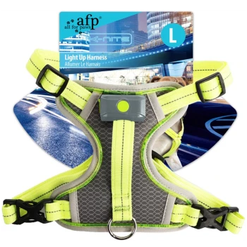 Neongelbes LED-Hundegeschirr mit grauem gepolstertem Brustteil, Frontlicht, D-Ring und Schnallen; Verpackungstext: 'afp all for paws', 'Light Up Harness', 'L'