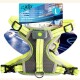 Neongelbes LED-Hundegeschirr mit grauem gepolstertem Brustteil, Frontlicht, D-Ring und Schnallen; Verpackungstext: 'afp all for paws', 'Light Up Harness', 'L'