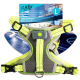 Neongelbes LED-Hundegeschirr mit grauem gepolstertem Brustteil, Frontlicht, D-Ring und Schnallen; Verpackungstext: 'afp all for paws', 'Light Up Harness', 'L'