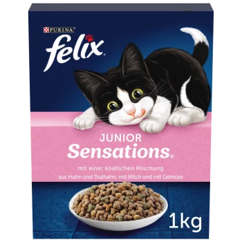 Eine Schachtel Purina Felix Junior Sensations Katzenfutter, mit einem verspielten schwarz-weißen Kätzchen auf der Vorderseite, mit einer Schüssel Trockenfutter darunter.