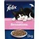 Eine Schachtel Purina Felix Junior Sensations Katzenfutter, mit einem verspielten schwarz-weißen Kätzchen auf der Vorderseite, mit einer Schüssel Trockenfutter darunter.