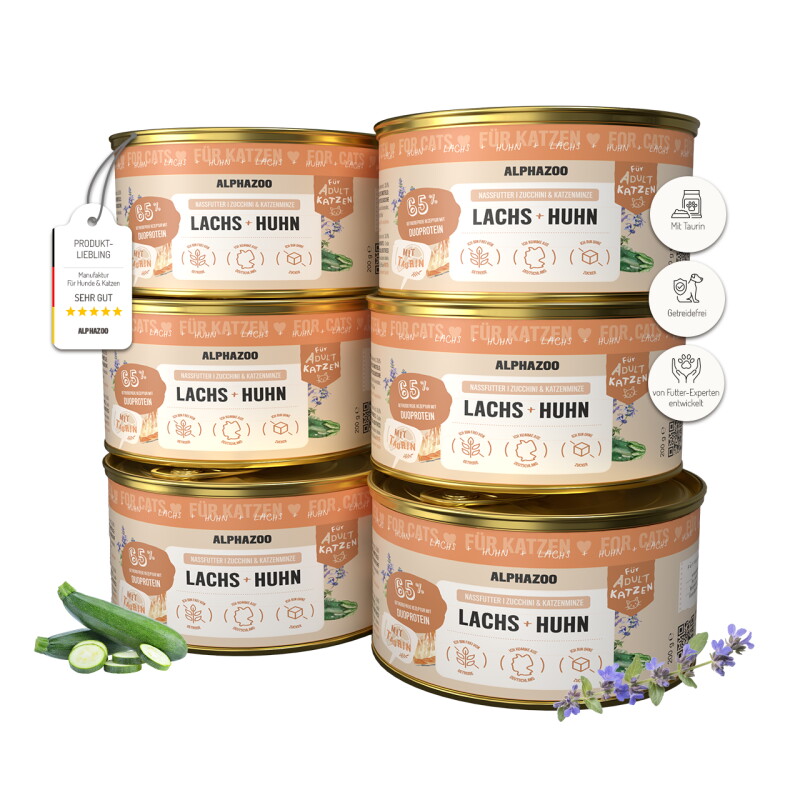 ALPHAZOO Nassfutter Lachs + Huhn 6x200g für Katzen