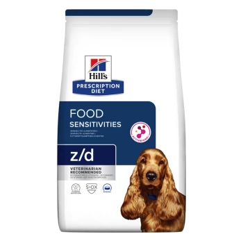 Hill's Prescription Diet z/d Futterempfindlichkeiten Hundefutterbeutel, mit einem blau-weißen Design, mit dem Text "Vom Tierarzt empfohlen".