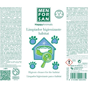 Hygienischer Haustierlebensraumreiniger mit der Aufschrift "Men For San Happy Animals," mit mehrsprachigen Anweisungen und einem Haus- und Pfotenabdruckdesign.