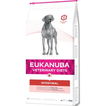 Eukanuba Veterinärdiäten Intestinal Hundefutterbeutel, 12 kg, mit einer grauen Hundesilhouette und Text über diätetische Unterstützung für die Verdauungsgesundheit.