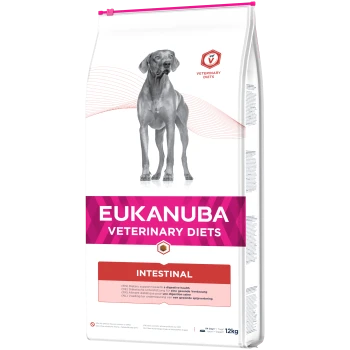 Eukanuba Veterinärdiäten Intestinal Hundefutterbeutel, 12 kg, mit einer grauen Hundesilhouette und Text über diätetische Unterstützung für die Verdauungsgesundheit.