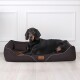 Ein schwarzer Hund mit braunen Abzeichen liegt bequem auf einem dunkelbraunen Hundebett mit weißem Rand und einem kleinen Kissen, vor einer hellen Wand.