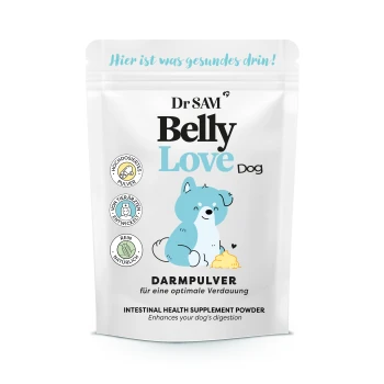 Dr. SAM Belly Love Dog intestinal health supplement powder Paket mit einem Cartoon-Hund und Text in Deutsch, der eine optimale Verdauung fördert.