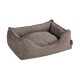 Ein gemütliches, rechteckiges Haustierbett aus weichem braunem Stoff mit erhöhten Kanten und einem plüschigen Mittelpolster.