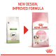 Old and new Royal Canin kitten food bags; new pink bag reads "KITTEN Up to 12 months" and "NEW DESIGN, IMPROVED FORMULA"