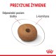 Obrazek granulatu karmy dla zwierząt z tekstem podkreślającym "Precyzyjna dieta", "Odpowiedni poziom białka" i "L-karnityna."