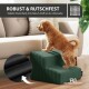 Welpe auf grünen Haustierstufen neben Sofa, rutschfestes Nahaufnahme-Detail; Text ‚ROBUST & RUTSCHFEST‘ und ‚ROHRSCHNEIDER‘