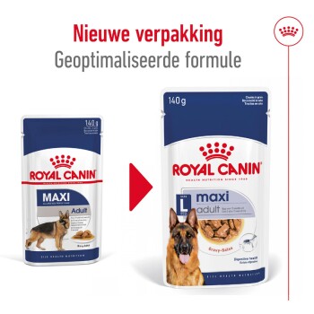 Afbeelding van twee Royal Canin hondenvoer verpakkingen, met "Nieuwe verpakking" en "Geoptimaliseerde formule," met een Duitse herder aan de linkerkant.
