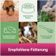 Meerschweinchen und Kaninchen; Beschriftungen: 'Stets frisches Wasser'; 'Genügend frisches Heu'; '2-3 Esslöffel/Tag'; 'Empfohlene Fütterung'.
