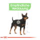 Illustration eines schwarz-braunen Hundes mit dem Text 'Empfindliche Verdauung', hervorgehoben mit einem grünen Kreis.