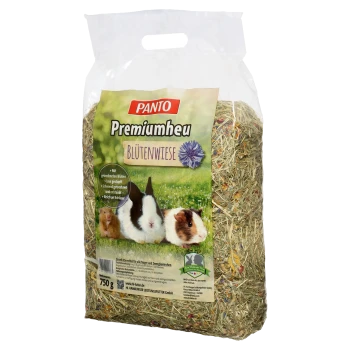 PANTO Premiumhay Blütenwiese 750g Paket mit getrockneten Blumen, mit Bildern von drei Meerschweinchen auf der Vorderseite.