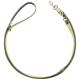 Eine graue und gelbe Hundeleine mit einer Schlaufenhandhabung und einem Metallclip zur Befestigung, vor einem weißen Hintergrund präsentiert.