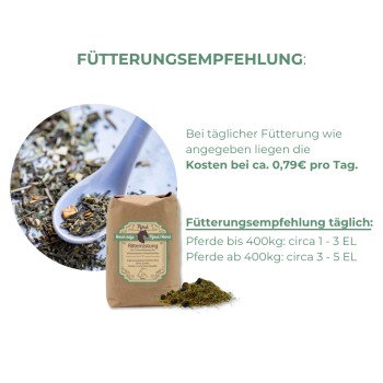 Fütterungsempfehlung für Pferdeergänzung „Ritterrüstung“ mit Tageskosten ca. 0,79 €, Dosierung nach Pferdegewicht dargestellt.