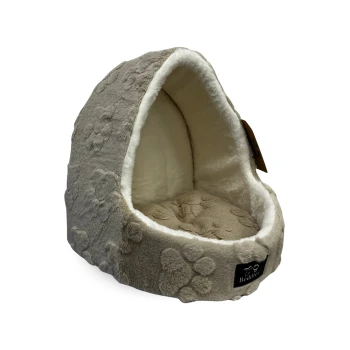 Plush gray hooded pet cave bed with paw-print texture, cream interior cushion and a black front label with white text/logo.