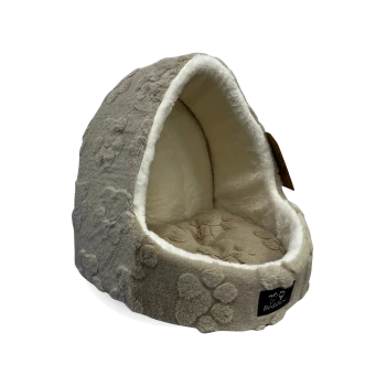 Plush gray hooded pet cave bed with paw-print texture, cream interior cushion and a black front label with white text/logo.