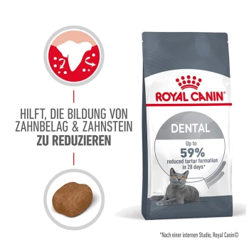 Royal Canin Dental Katzenfutterbeutel mit einer grauen Katze, die behauptet, die Bildung von Zahnstein um bis zu 59 % in 28 Tagen zu reduzieren.