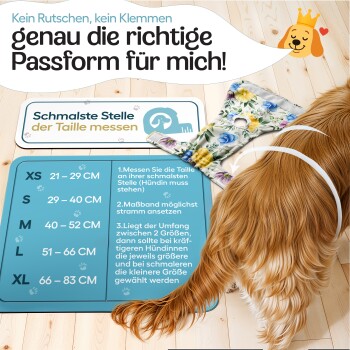 Bunte Haustierwindeln, die in einer Reihe präsentiert werden, mit floralen Mustern. Der Text hebt Komfort, Saugfähigkeit und Waschhinweise hervor.