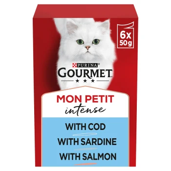 Purina Gourmet Mon Petit Intense cat food packaging featuring a fluffy white cat. Text highlights flavors: with cod, with sardine, with salmon.