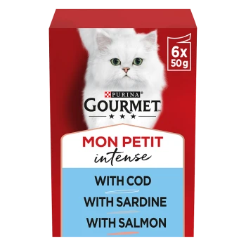 Purina Gourmet Mon Petit Intense cat food packaging featuring a fluffy white cat. Text highlights flavors: with cod, with sardine, with salmon.
