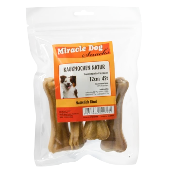 Miracle Dog Snacks natürliche 12 cm lange Rinderkauknochen für Hunde, 4 Stück in wiederverschließbarer Tüte mit Hundebild.
