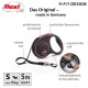Schwarze und rosa Flexi ausziehbare Hundeleine mit ergonomischem Griff, 5m Gurt für Hunde bis 15kg, beschriftet mit Funktionen auf Deutsch.