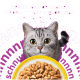 Grau getigerte Katze mit gelben Augen über einer Schale Nassfutter auf magentafarbenem Hintergrund; deutscher Text: „Geschmack, den Katzen lieben.“