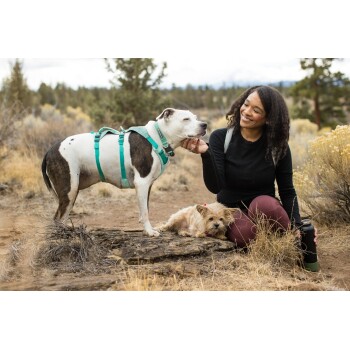 Eine Frau kniet auf steinigem Gelände mit einem kleinen braunen Hund neben ihr und einem größeren schwarz-weißen Hund, der in der Nähe steht.