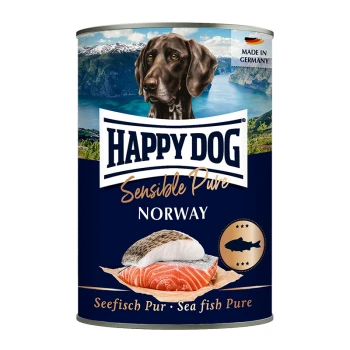 Dosenfutter für Hunde "Happy Dog Sensible Pure Norway" mit einem braunen Hund, Fischbildern und dem Text "Seefisch Pur - Seefisch Pur."