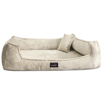 Ein plüschiges, beiges Haustierbett mit erhöhten Seiten und einem kleinen Kissen, mit einem schwarzen Etikett, das 'tierlando' liest.