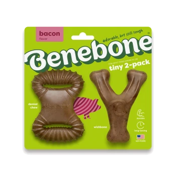 Tiny 2-pack of Benebone dog chews, featuring a dental chew with cleaning ridges and an easy-to-grip wishbone, both in bacon flavor.