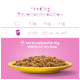 Image of a yellow bowl filled with cat food, with a purple background displaying feeding recommendations for cats weighing 3 kg, 4 kg, and 5 kg.