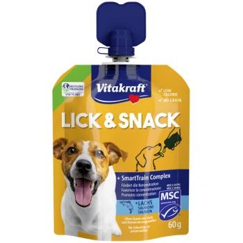 Vitakraft LICK & SNACK Lachssnack für Hunde im Beutel mit lächelndem Hund, SmartTrain Complex, kalorienarm, getreidefrei, 60 g.