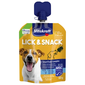 Vitakraft LICK & SNACK Lachssnack für Hunde im Beutel mit lächelndem Hund, SmartTrain Complex, kalorienarm, getreidefrei, 60 g.