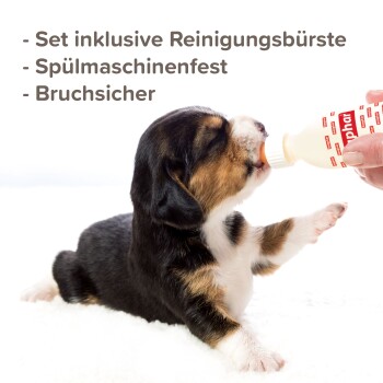 Ein süßes Welpen, das aus einer Flasche trinkt, die von einer Hand gehalten wird, mit Text, der Merkmale auflistet: "Set inklusive Reinigungsbürste, spülmaschinenfest, bruchsicher."