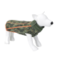 A white mannequin dog wearing a green camouflage fleece jacket with orange zippers and a green collar.