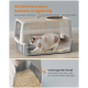 Eine Katze, die eine geräumige Katzentoilette mit hohem Rand benutzt, mit einem Text auf Deutsch, der "Glückliche Katzen, saubere Umgebung" und "Verlängerter Rand" liest.