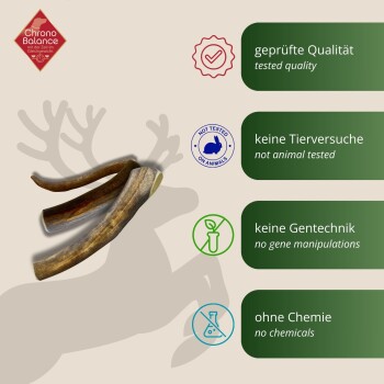 Bild von natürlichen Haustierkausnacks mit Text, der 'getestete Qualität', 'nicht an Tieren getestet', 'keine Gentechnik' und 'keine Chemikalien' hervorhebt.