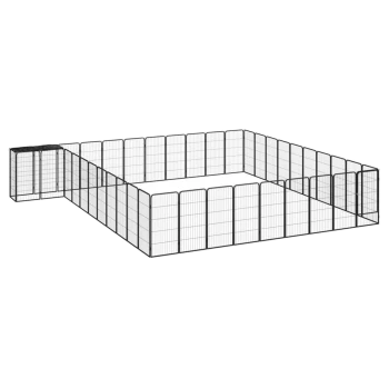 Schwarzes Metall-Tierspielzelt mit mehreren Paneelen, die in rechteckiger Form angeordnet sind, mit einem Tor für einfachen Zugang.